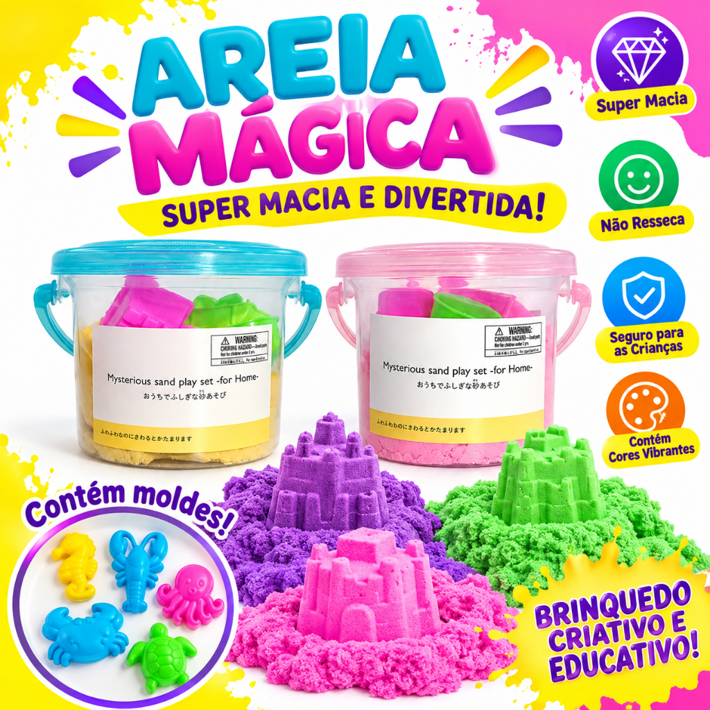 Areia Mágica Cinética Infantil com Moldes Balde Sensorial Super Macia