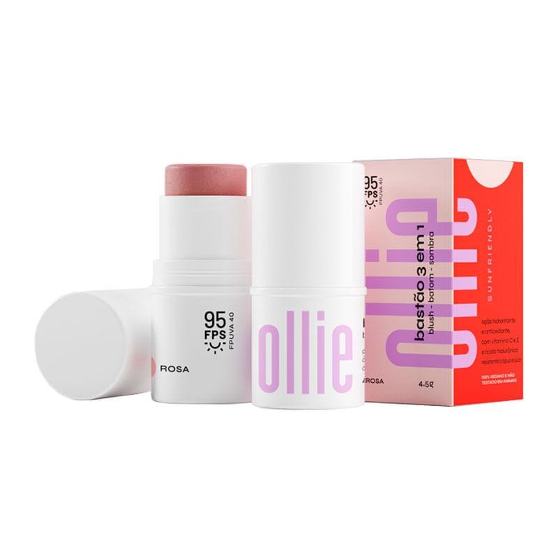Bastão 3 em 1 Ollie Blush, Batom e Sombra Cor Rosa 4,5g