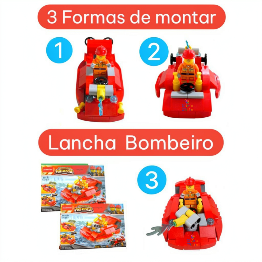 Bloco De Montar Lancha Barco de Bombeiro 87 Peças Brinquedo Educativo