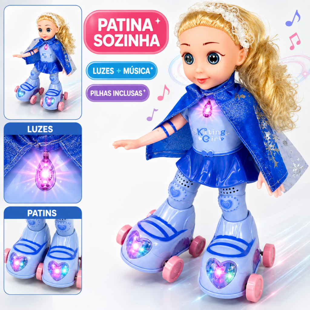 Boneca Patinadora Infantil Menina Anda Canta Dança Acende Luzes