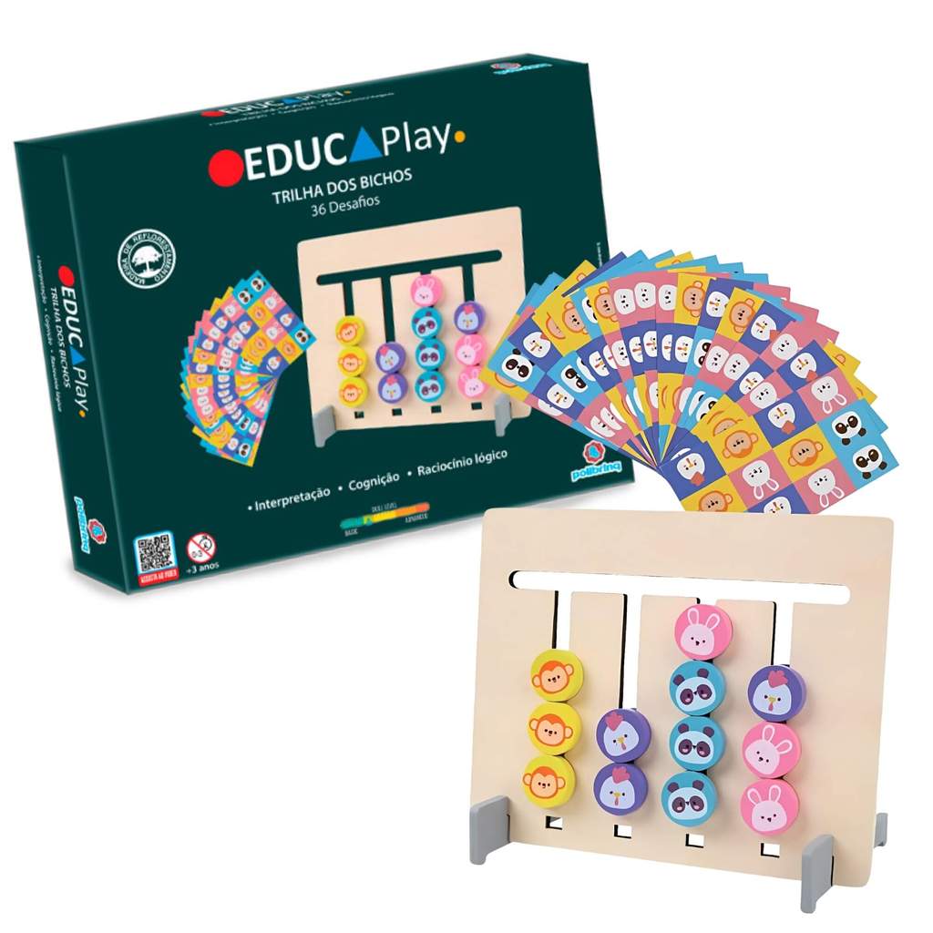 Brinquedo Educativo de Madeira Trilha dos Bichos com 36 desafios