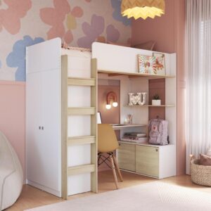 Cama Infantil Alta Multifuncional Office Solteiro com Armário