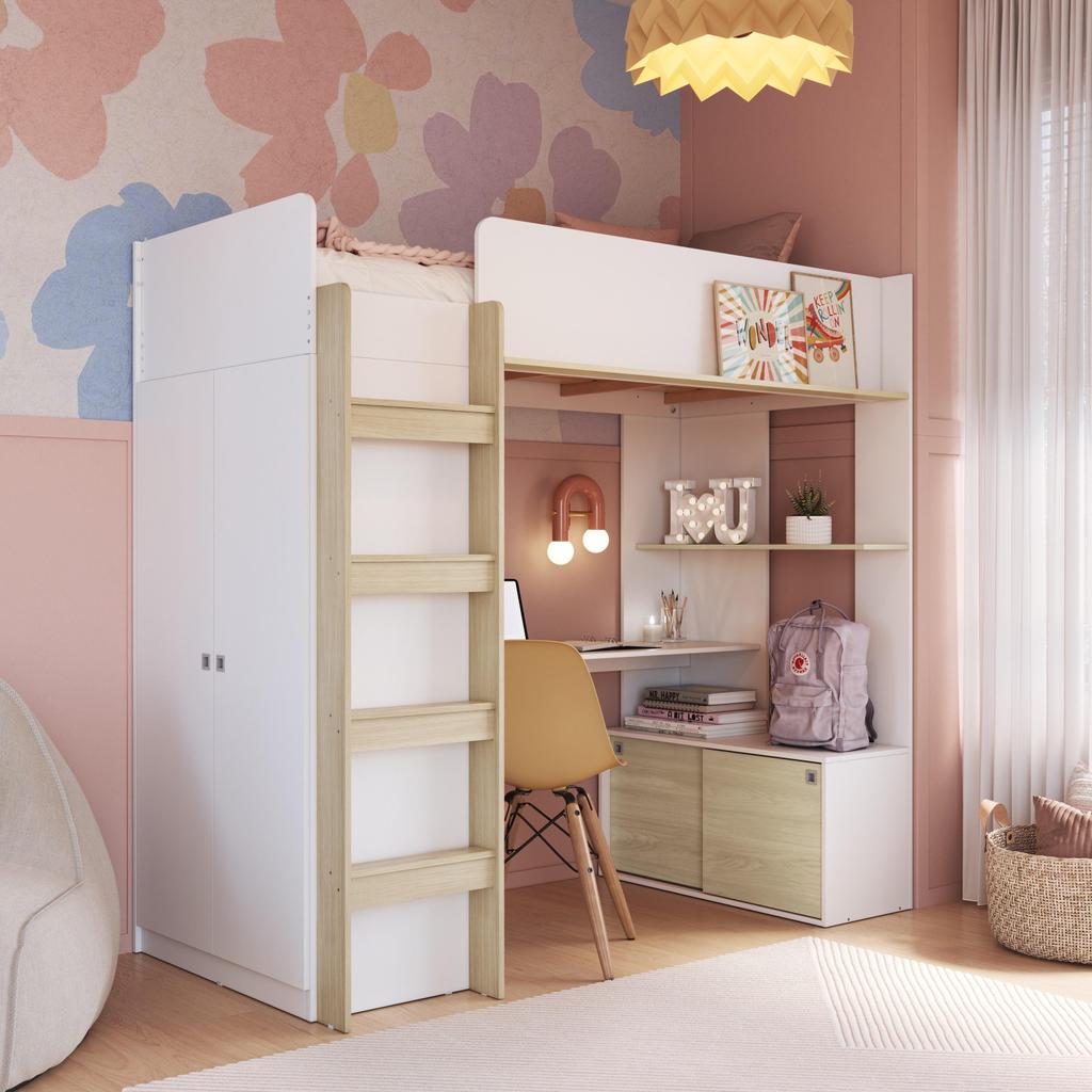 Cama Infantil Alta Multifuncional Office Solteiro com Armário