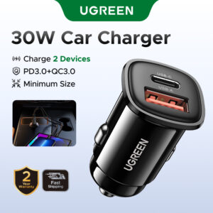 Carregador De Carro Ugreen 30W 18W Porta Dupla De Carregamento Rápido