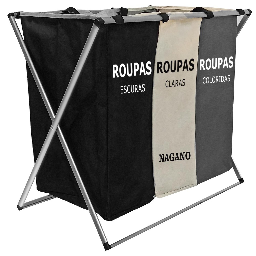Cesto De Roupa Suja Organizador 3 Divisórias Dobrável 65 x 40 x 60cm