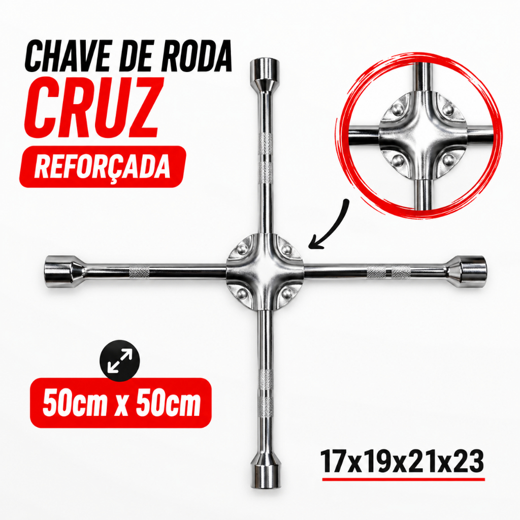 Chave de Roda Cruz 4 bocas Reforçada de aço bocas 17x19x21x23