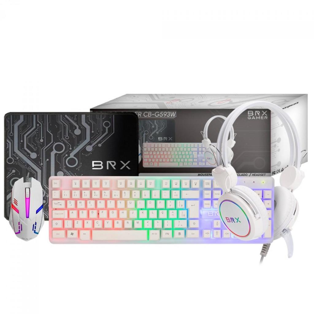 Combo Gamer Brx 4 em 1, Teclado, Mouse, Headset e Mousepad, Branco