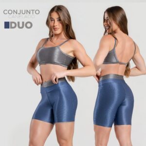 Conjunto Duo Trilobal Canelado Brilhoso Top Costas Abertas Short