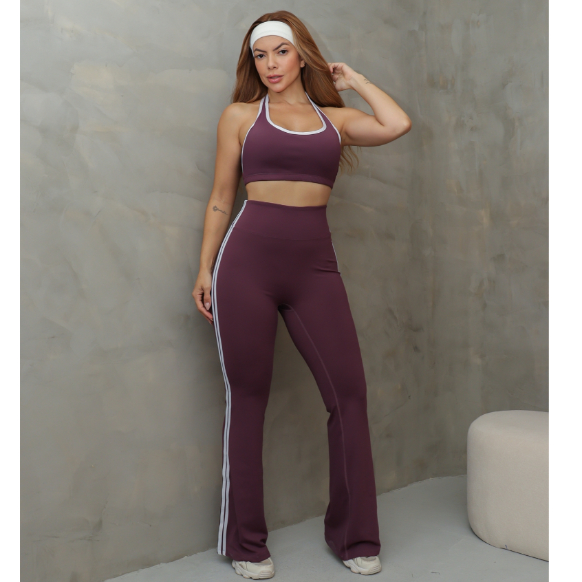 Conjunto Fitness Feminino Esportivo Top Cropped e Calça Flare