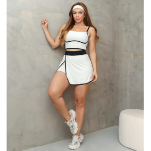 Conjunto Fitness Feminino Top Cropped e Saia Shorts Academia