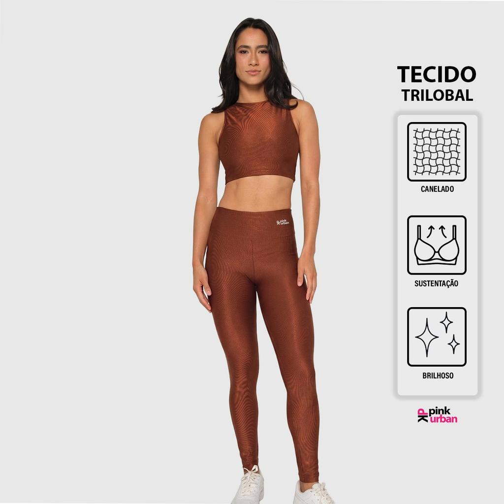 Conjunto Fitness Top Cropped Camiseta Calça Legging Canelado Brilhoso