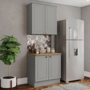 Cozinha Compacta Americana 4 Portas 3 Prateleiras 100% Mdf Cinza