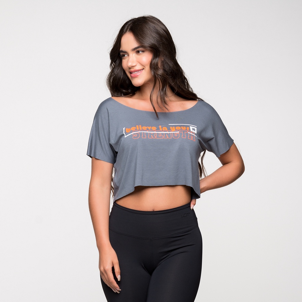 Cropped Fitness Feminio Academia Viscolycra Basico Cinza Com Estampa