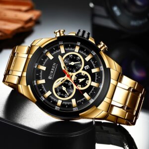 Curren Relógio De Pulso Masculino Dourado Aço Inoxidável Quartzo
