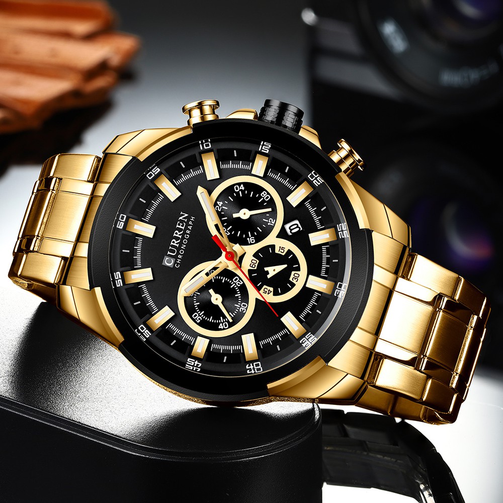 Curren Relógio De Pulso Masculino Dourado Aço Inoxidável Quartzo