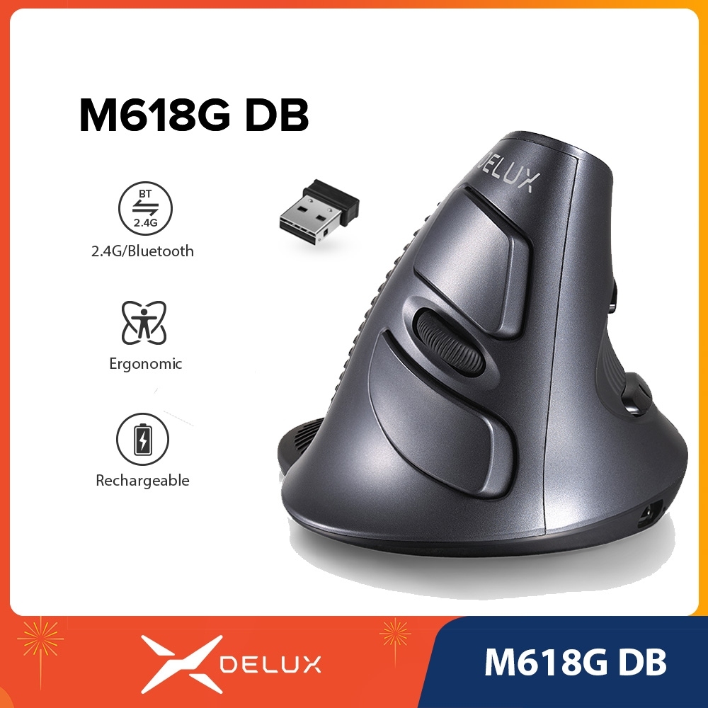 Delux M618G DB Mouse Óptico Ergonômico 4000 DPI Recarregável Sem Fio