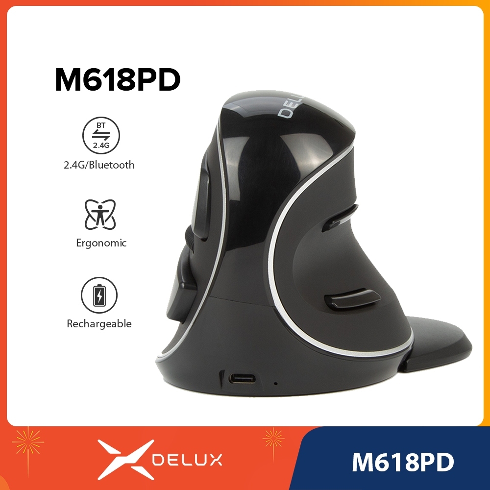 Delux M618PD 2.4G Mouse Ergonômico Vertical Recarregável Sem Fio