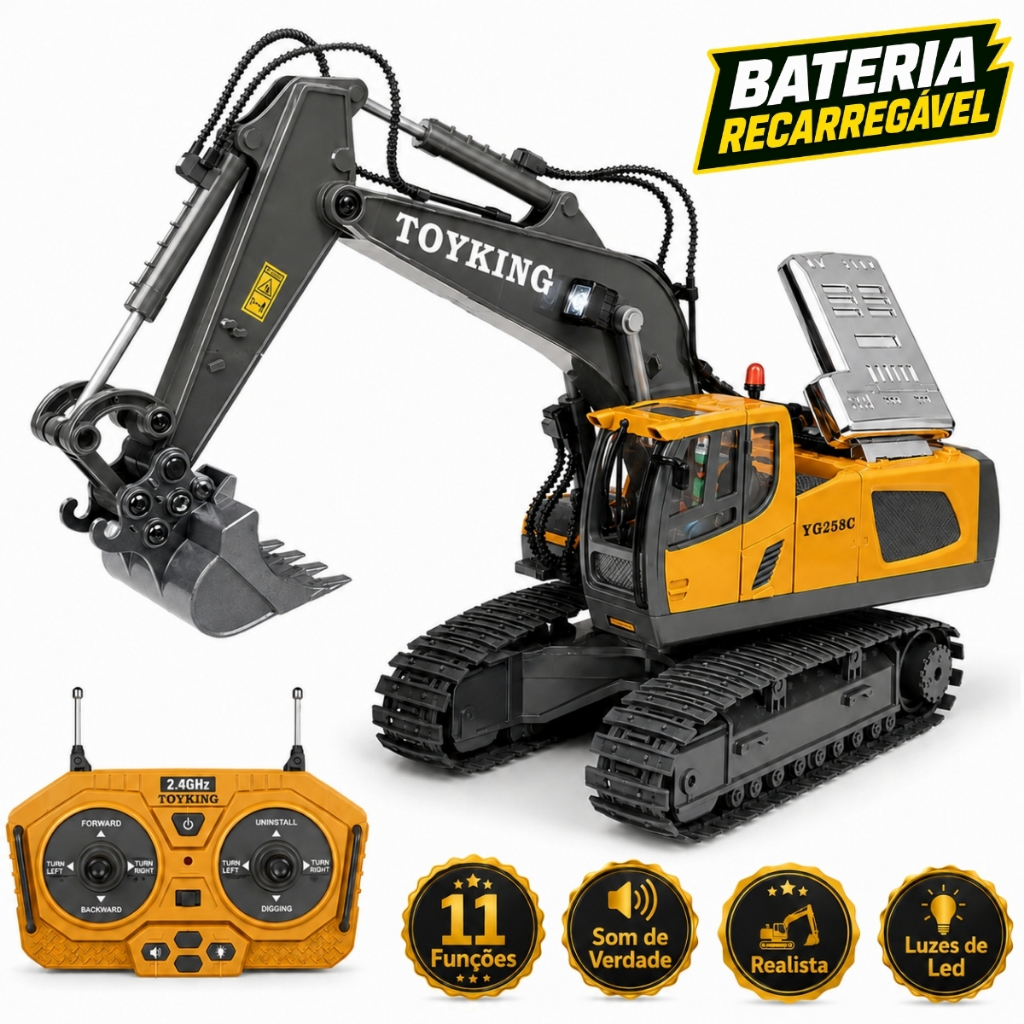 Escavadeira de Controle Remoto Trator Som Luz Recarregável Brinquedo