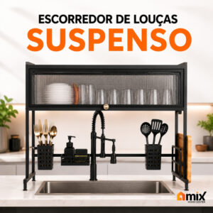 Escorredor de Louças Suspenso Pia 75cm Preto Armário Organizador