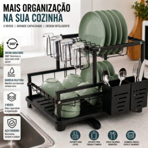 Escorredor de Pratos e Louças Rack Aço Carbono Preto com Bandeja