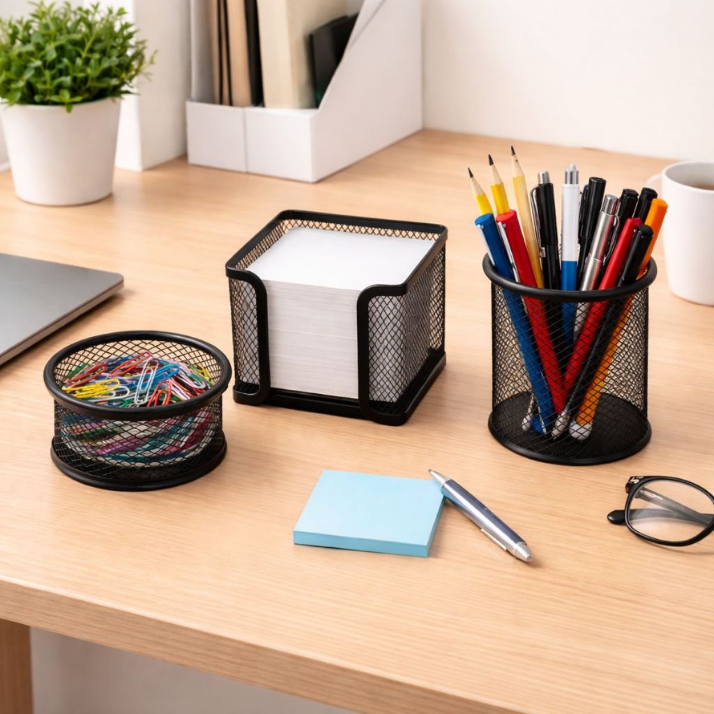 Escritório Office Porta Papel Caneta Clips Metal Organizador Preto
