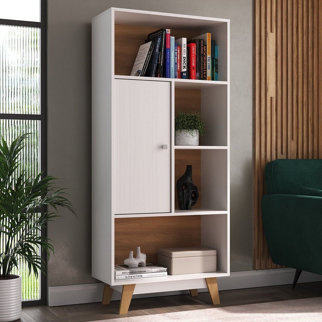 Estante de Livros 68CMX153CM Pés em Madeira Maciça 1 Porta 3