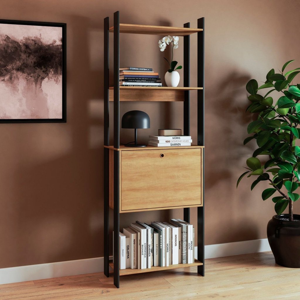 Estante de Livros Industrial 63CMX178CM 3 Prateleiras 1 Porta Marrom