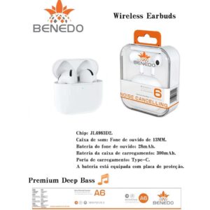 Fone De Ouvido Benedo A6 Graves altos sem borracha Bluetooth 5.3