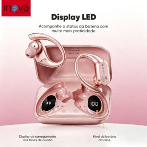 Fone de Ouvido Inova Rosa Feminino Bluetooth 5.4, Bateria 48h, Case