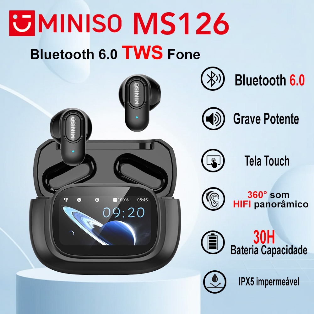 Fone De Ouvido Miniso Fone Sem Fio Tws Bluetooth 6.0 LCD Tela Touch