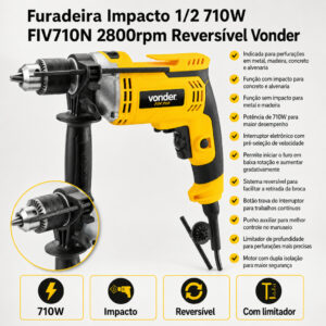 Furadeira Impacto 1 2 710W FIV710N 2800rpm Reversível Vonder