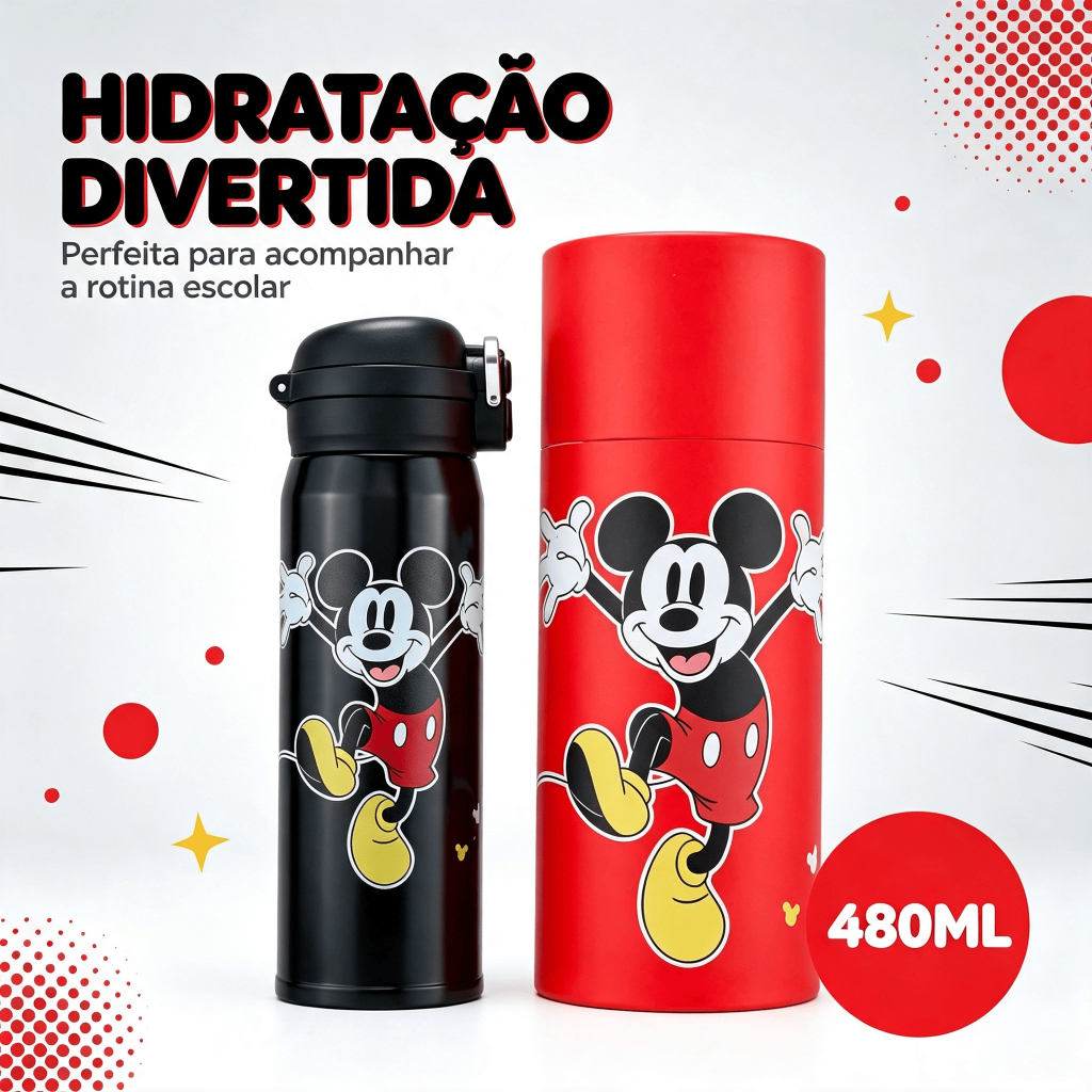 Garrafa de Água Térmica Squeeze Mickey Mouse 480ml Resistente Escola