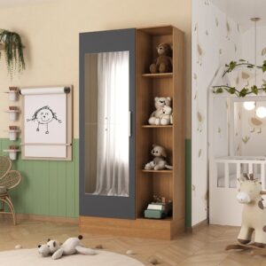 Guarda Roupa Infantil 1 Porta com Espelho Sara Bege Cinamomo Chumbo
