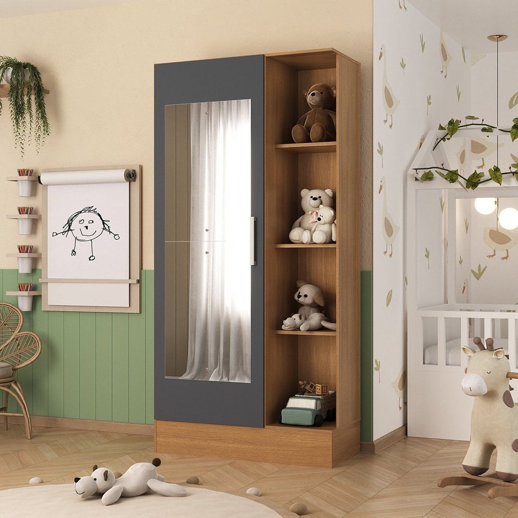 Guarda Roupa Infantil 1 Porta com Espelho Sara Bege Cinamomo Chumbo