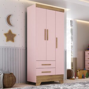 Guarda Roupa Infantil 3 Portas 2 Gavetas Rosa Natural Tic Tac