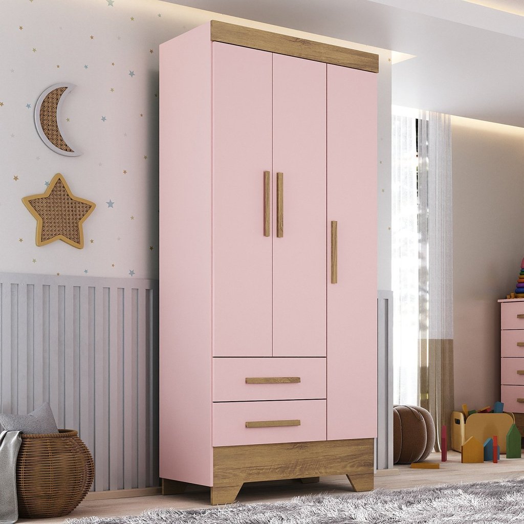 Guarda Roupa Infantil 3 Portas 2 Gavetas Rosa Natural Tic Tac