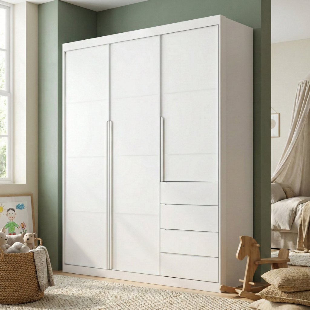 Guarda-Roupa Infantil 3 Portas e 4 Gavetas 220cm Pérola Branco Branco