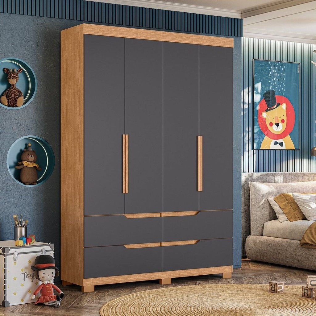 Guarda Roupa Infantil 4 Portas 4 Gavetas Circus Cinza Freijó Titanium