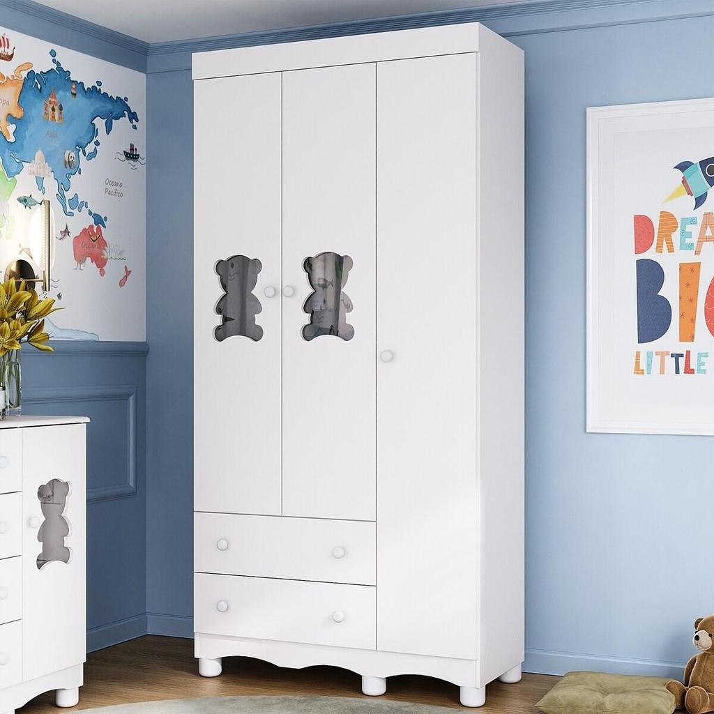Guarda-roupa Infantil 92cm com Vidro 3 Portas e 2 Gavetas Ternura