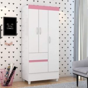 Guarda Roupa Solteiro 3 Portas 2 Gavetas 3 Prateleiras Branco Rosa