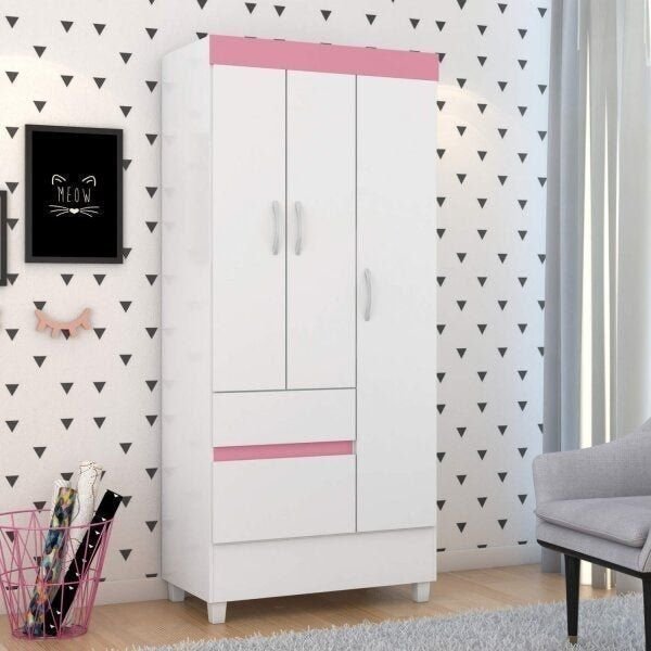 Guarda Roupa Solteiro 3 Portas 2 Gavetas 3 Prateleiras Branco Rosa