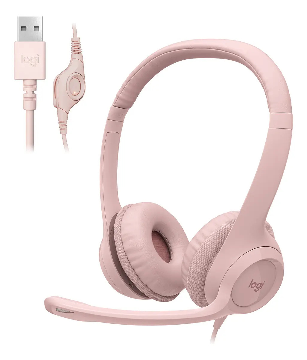 Headset com fio USB Logitech Rosa — Áudio e Fones