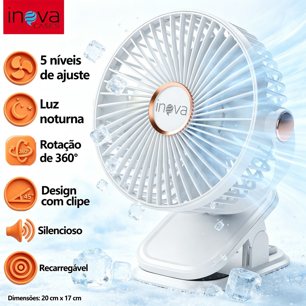 Inova Ventilador 5 Velocidades de Clip Recarregável Portátil Rotação