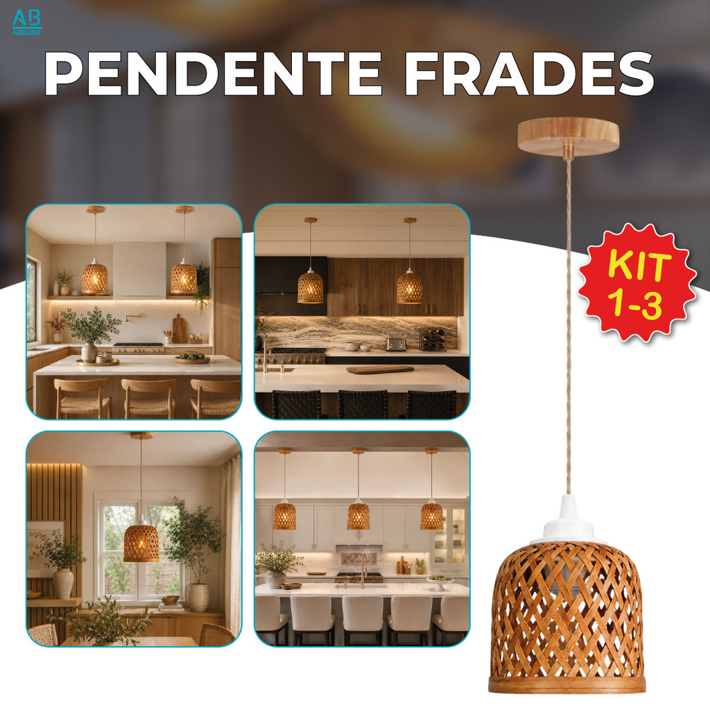 Kit 1 2 3 Luminária Pendente Frades de Bambu Sem Lâmpada Bivolt