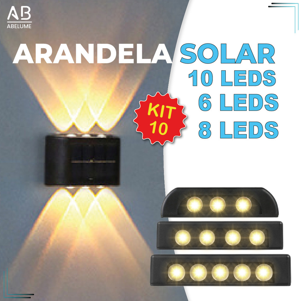 Kit 10 Luminária Arandela Solar 6 8 e 10 LED Luz Branco Quente para