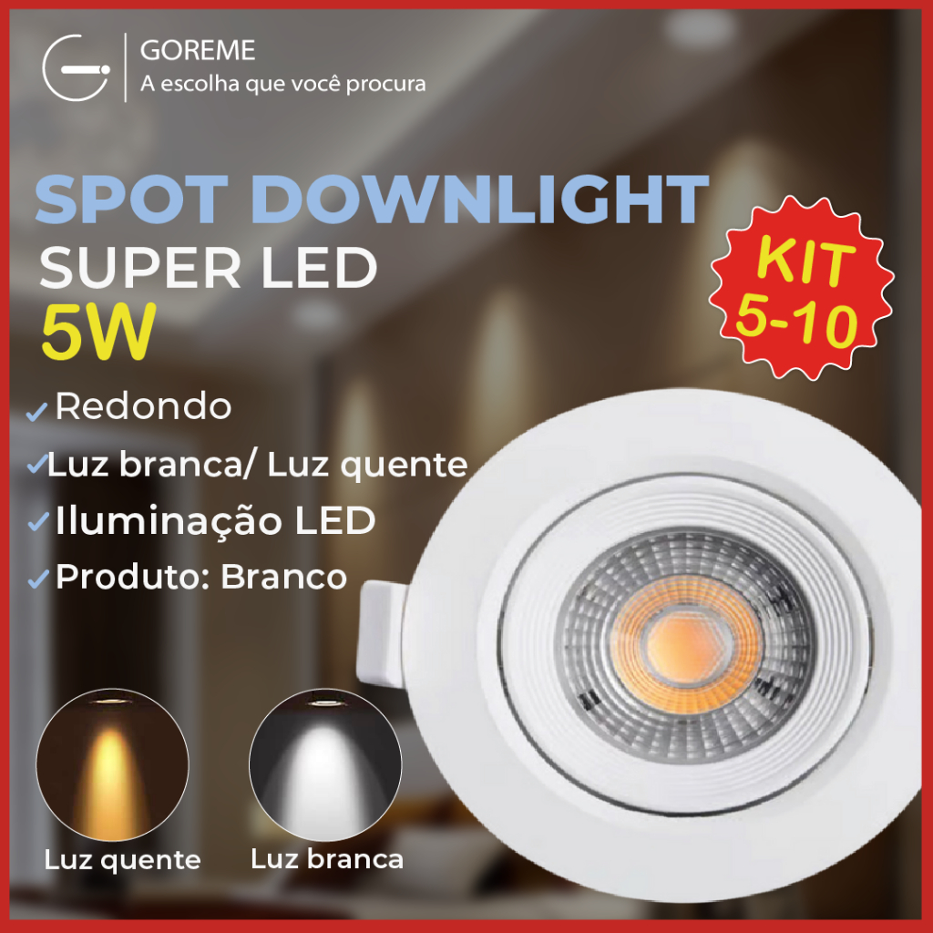 Kit 10 Luminária Spot Led Redondo Direcionável 5W Embutir Gesso Teto — Decoração