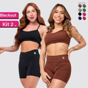 Kit 2 Conjunto Fitness Top Alça Short Legging Liso Meia Coxa Blackout