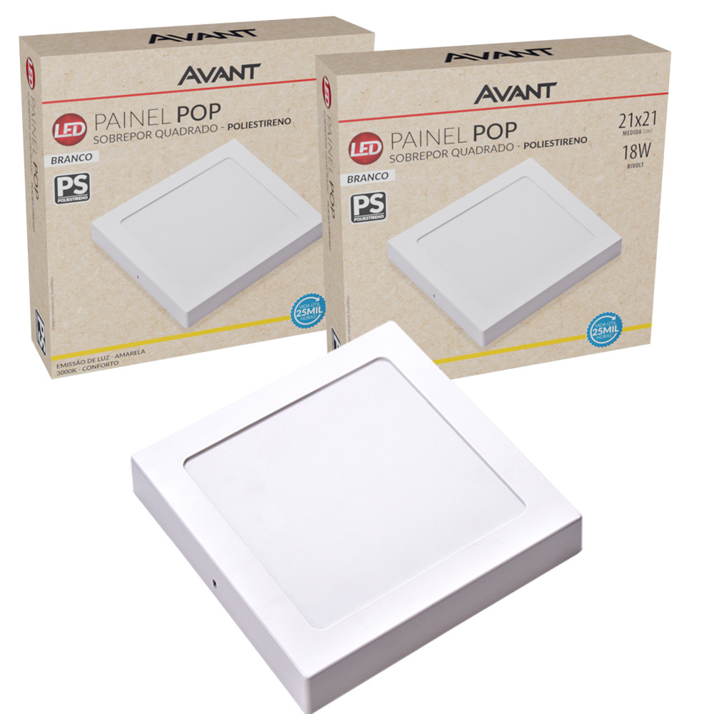 Kit 2 Luminária Painel Plafon 18W Sobrepor Quadrado Luz Branco Quente