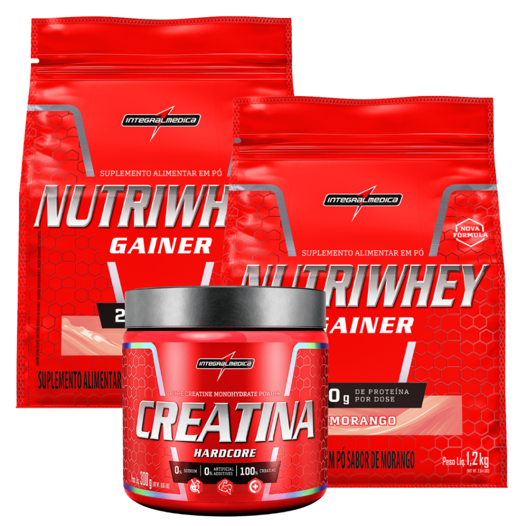 Kit 2 Nutri Whey 1,2 kg Refil 1 Creatina 300g Hardcore Integral Médica