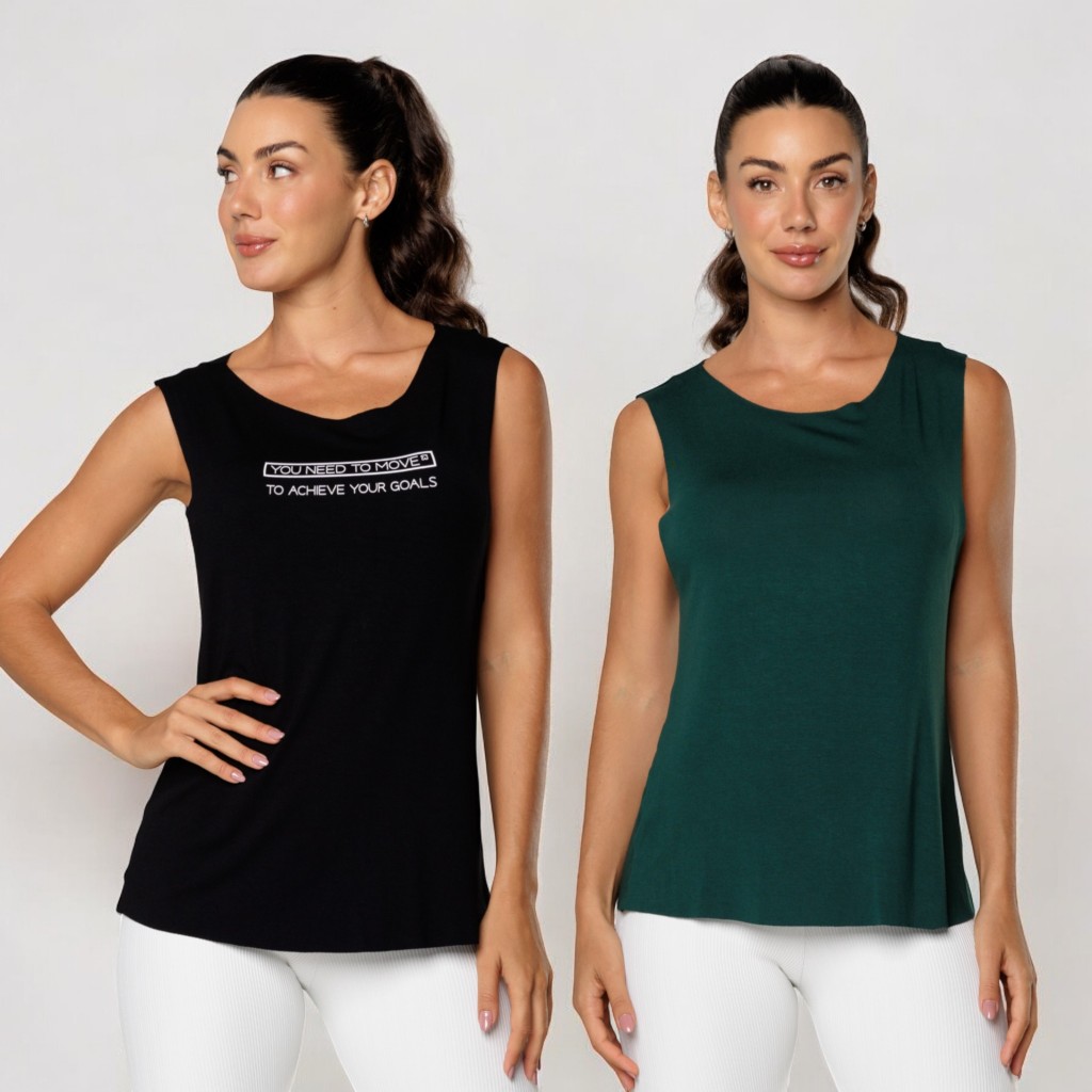 Kit 2 Regatas Fitness Feminina Academia Viscolycra Soltinha Lisa e